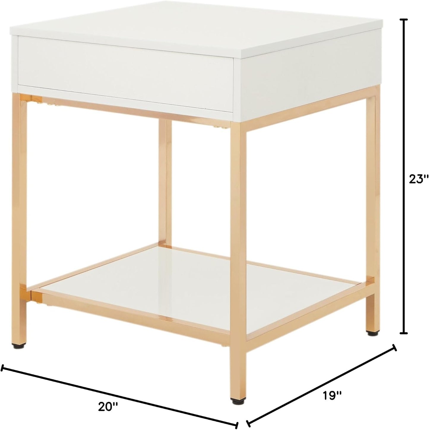 Modern White End Table – Glossy Accent Side Table with Gold-Tone Legs & Storage