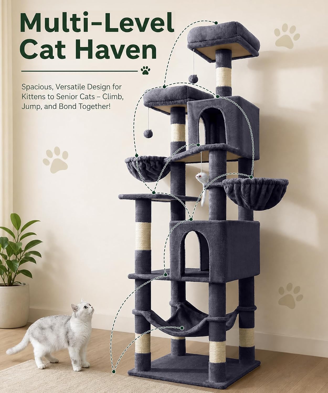 70" Multi-Level Cat Tree – Large Cat Tower with Condos, Hammock & Scratching Posts