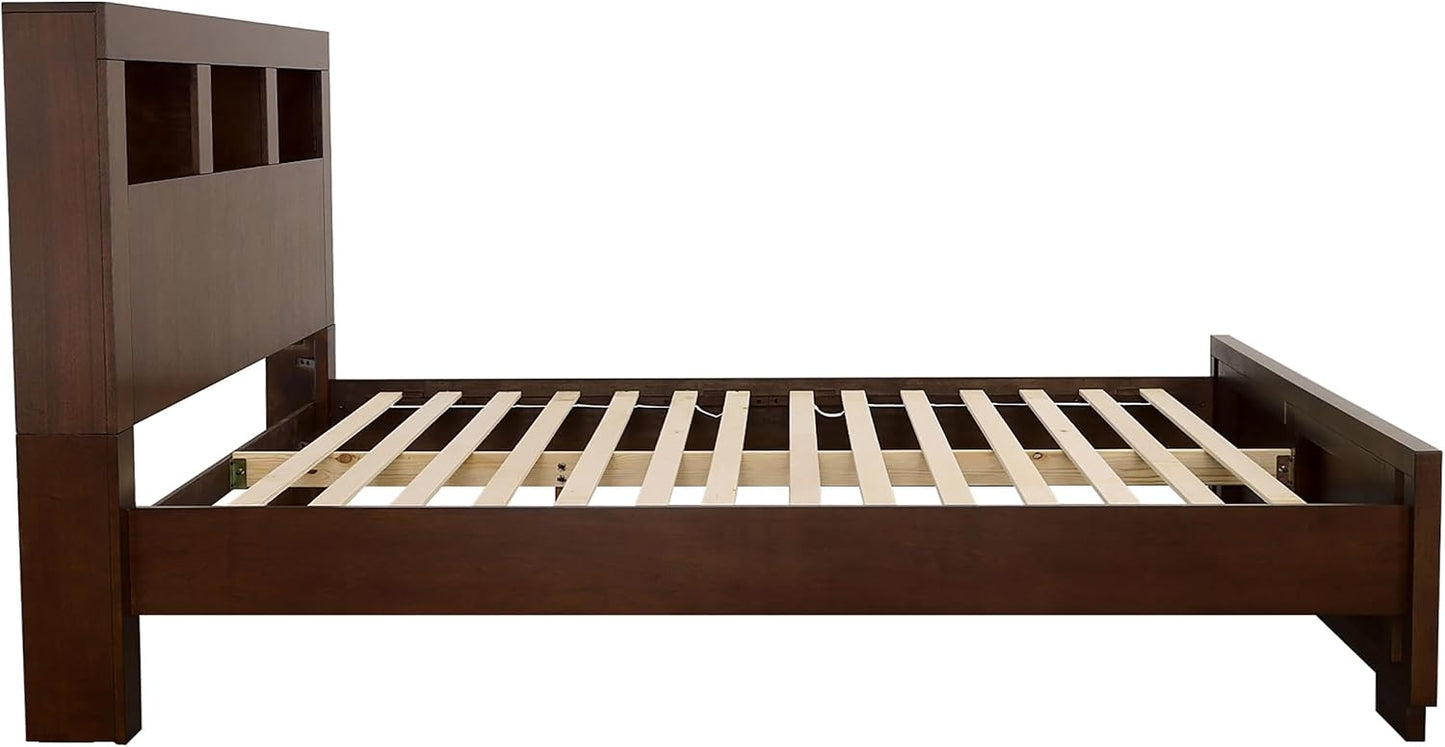 Modern King Platform Bed – LED Bookcase Headboard with 3 Storage Shelves