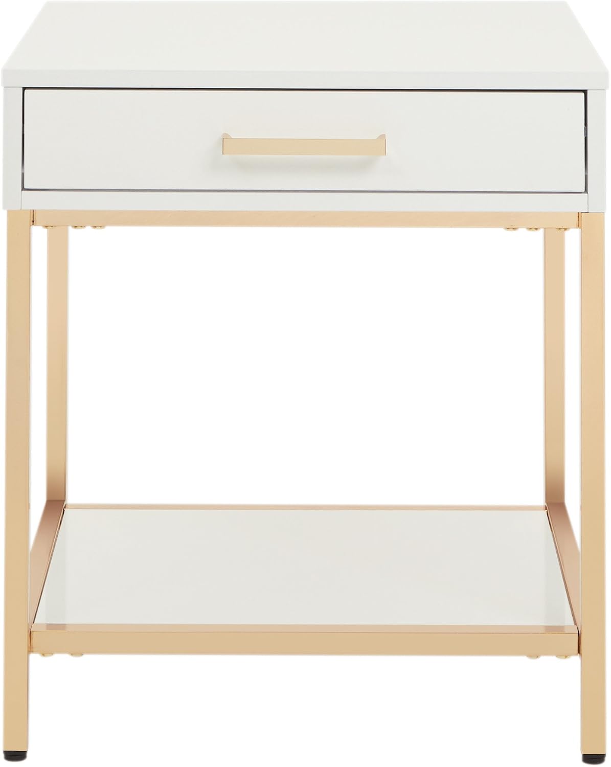 Modern White End Table – Glossy Accent Side Table with Gold-Tone Legs & Storage