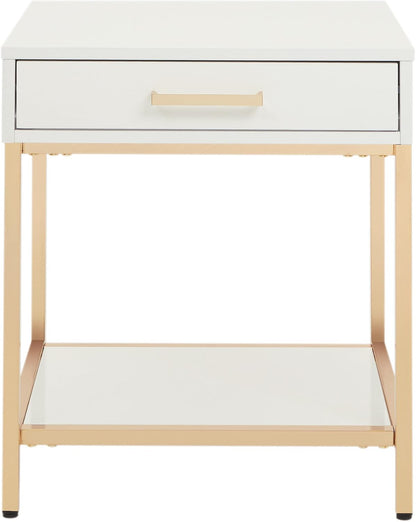 Modern White End Table – Glossy Accent Side Table with Gold-Tone Legs & Storage