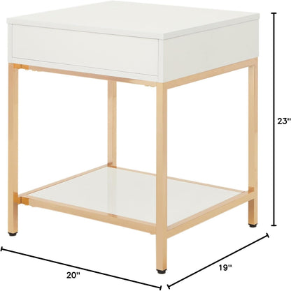 Modern White End Table – Glossy Accent Side Table with Gold-Tone Legs & Storage
