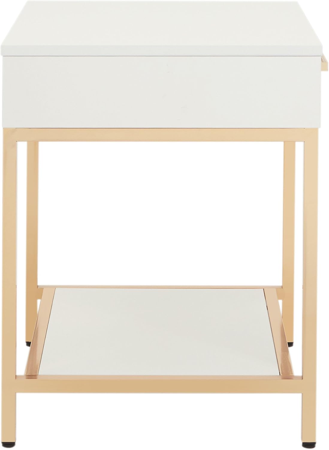 Modern White End Table – Glossy Accent Side Table with Gold-Tone Legs & Storage