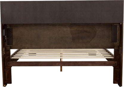 Modern King Platform Bed – LED Bookcase Headboard with 3 Storage Shelves