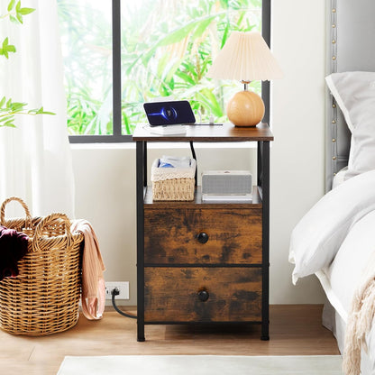 Nightstands Set of 2 with Charging Station – Bedside Tables with Storage Drawers