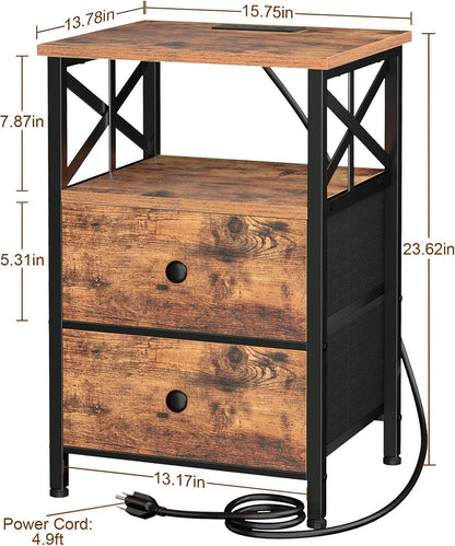 Nightstands Set of 2 with Charging Station – Bedside Tables with Storage Drawers