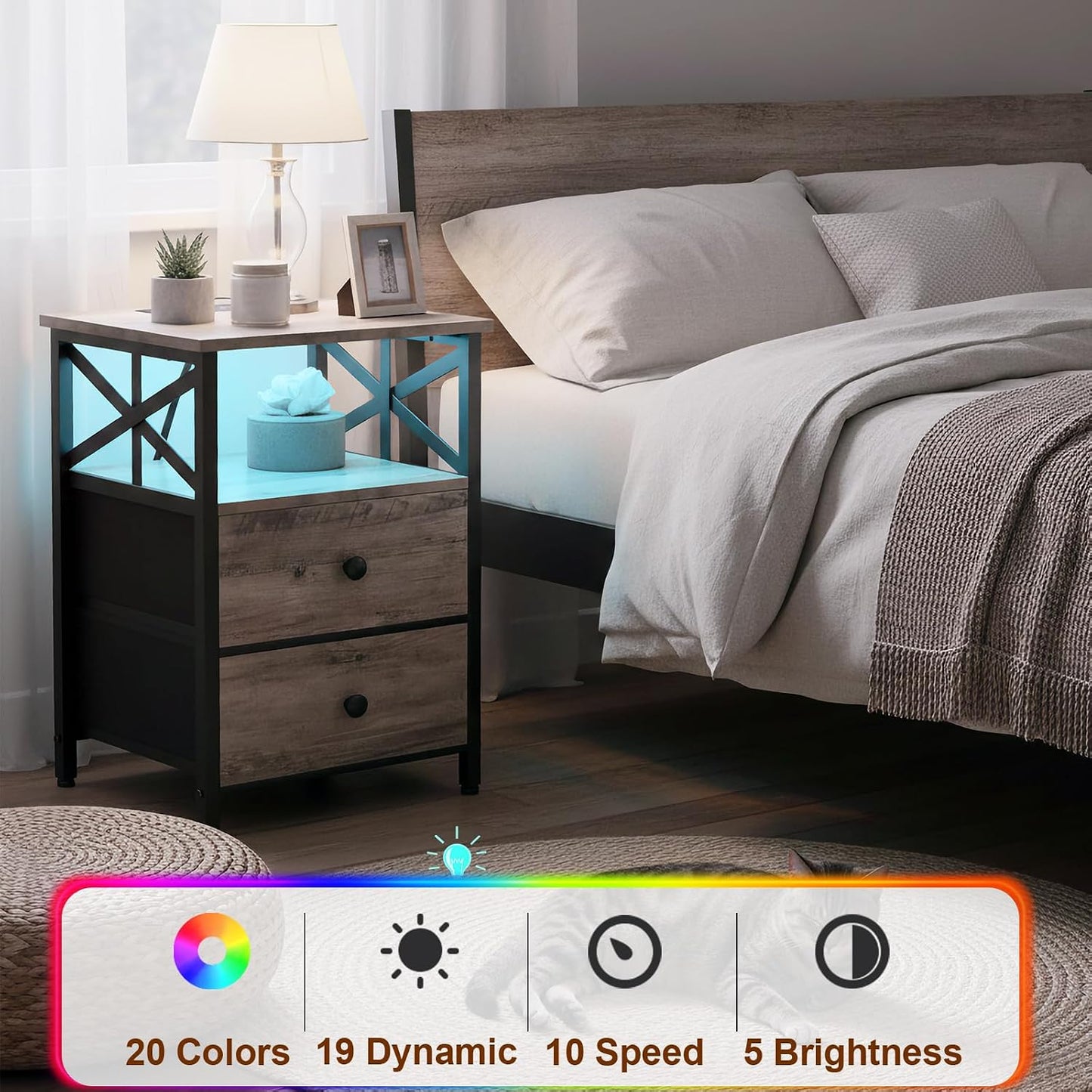 Modern Nightstands Set of 2 with LED Lights – Charging Bedside Tables with 2 Drawers