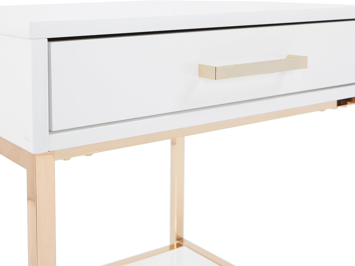 Modern White End Table – Glossy Accent Side Table with Gold-Tone Legs & Storage