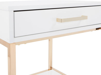 Modern White End Table – Glossy Accent Side Table with Gold-Tone Legs & Storage