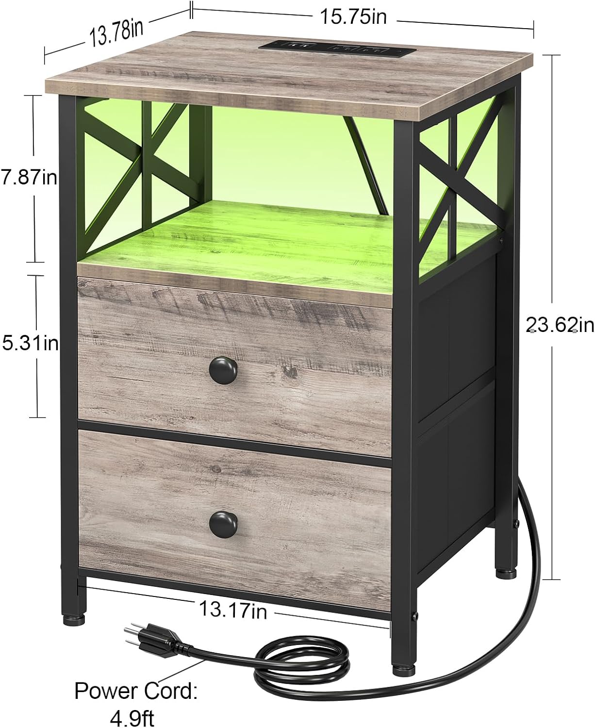 Modern Nightstands Set of 2 with LED Lights – Charging Bedside Tables with 2 Drawers