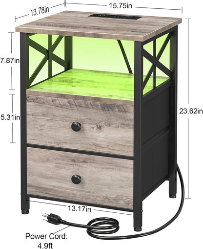 Modern Nightstands Set of 2 with LED Lights – Charging Bedside Tables with 2 Drawers