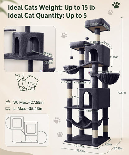 70" Multi-Level Cat Tree – Large Cat Tower with Condos, Hammock & Scratching Posts