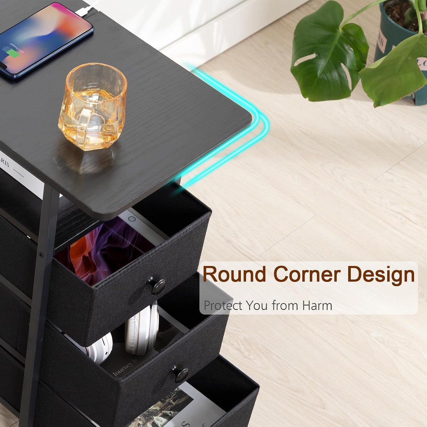 Slim Nightstand with Charging Station – 3-Drawer Bedside Table for Small Spaces