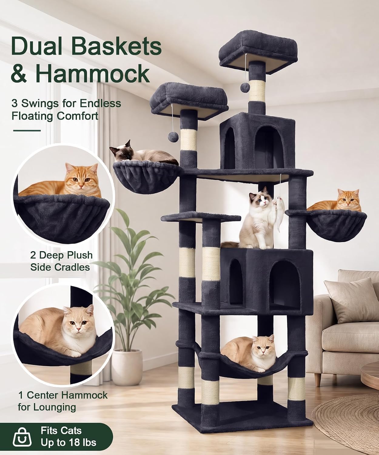 70" Multi-Level Cat Tree – Large Cat Tower with Condos, Hammock & Scratching Posts