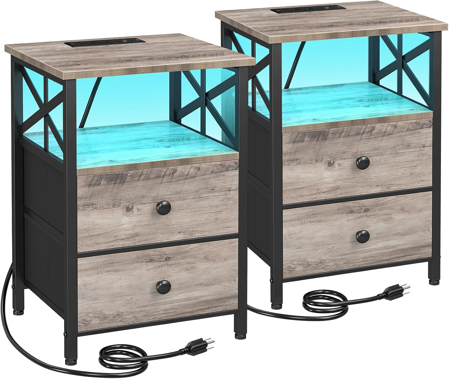 Modern Nightstands Set of 2 with LED Lights – Charging Bedside Tables with 2 Drawers