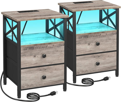 Modern Nightstands Set of 2 with LED Lights – Charging Bedside Tables with 2 Drawers