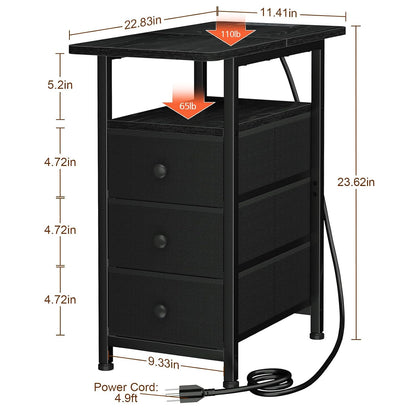 Slim Nightstand with Charging Station – 3-Drawer Bedside Table for Small Spaces