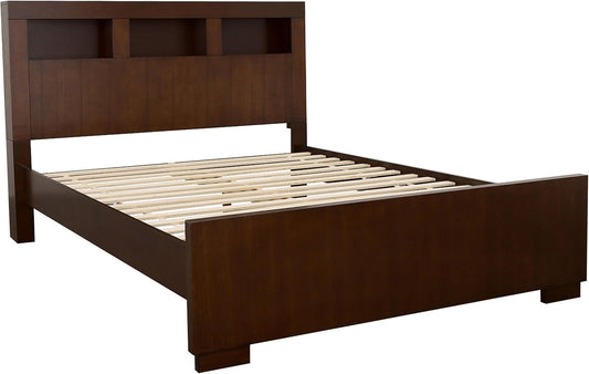 Modern King Platform Bed – LED Bookcase Headboard with 3 Storage Shelves