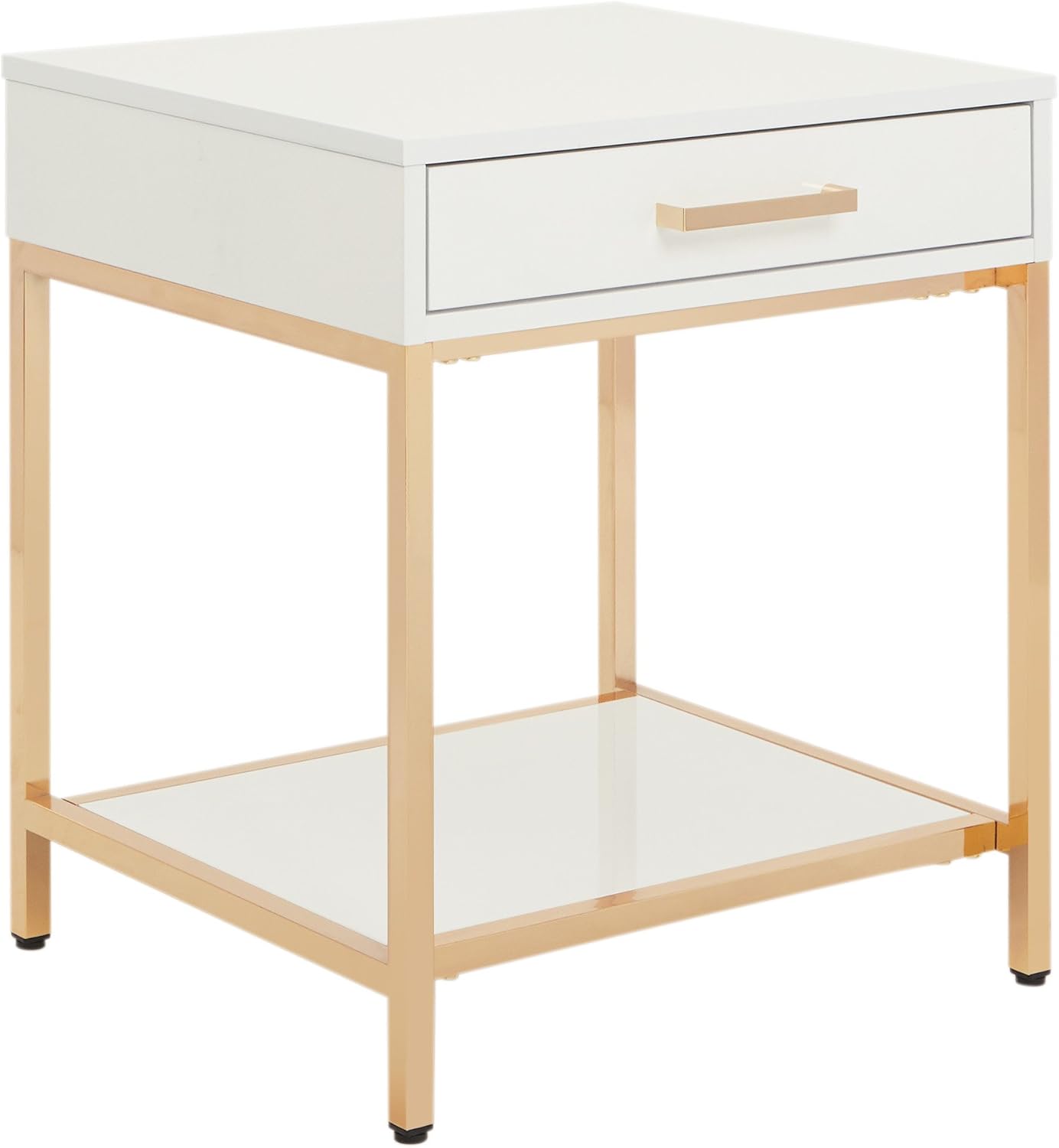 Modern White End Table – Glossy Accent Side Table with Gold-Tone Legs & Storage