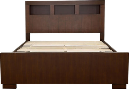 Modern King Platform Bed – LED Bookcase Headboard with 3 Storage Shelves