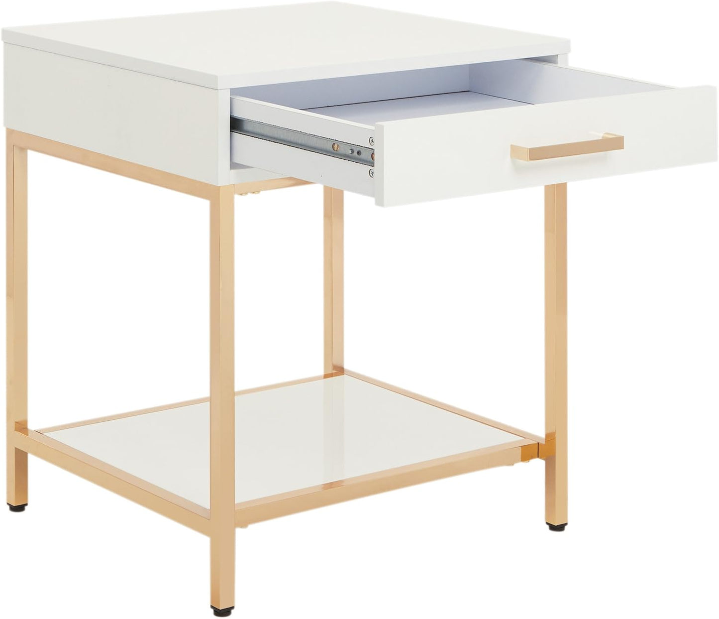 Modern White End Table – Glossy Accent Side Table with Gold-Tone Legs & Storage
