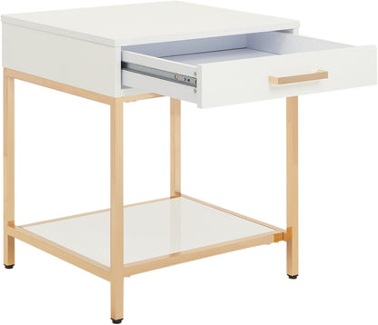Modern White End Table – Glossy Accent Side Table with Gold-Tone Legs & Storage