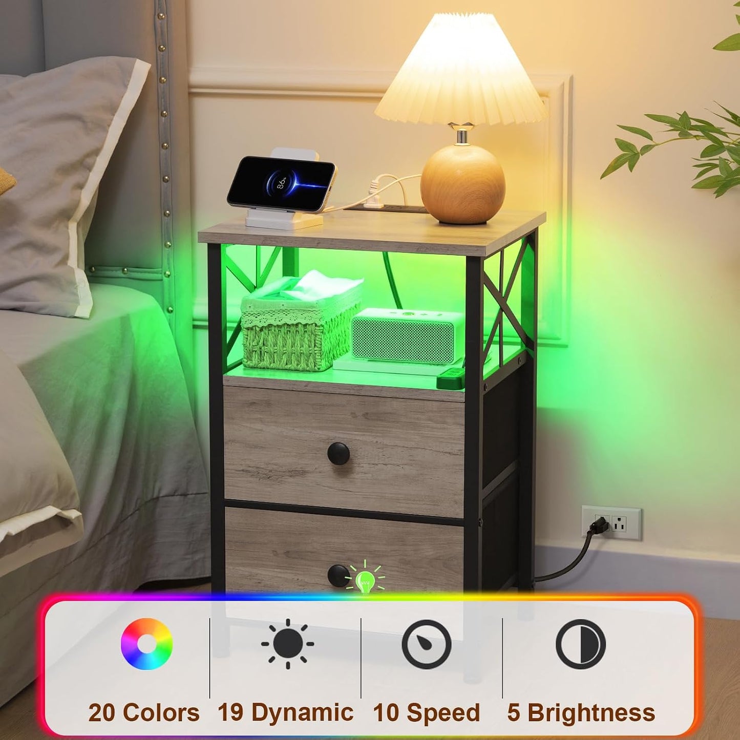 Modern Nightstands Set of 2 with LED Lights – Charging Bedside Tables with 2 Drawers