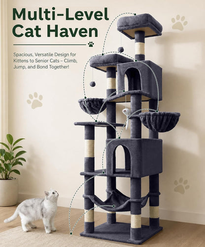 70" Multi-Level Cat Tree – Large Cat Tower with Condos, Hammock & Scratching Posts