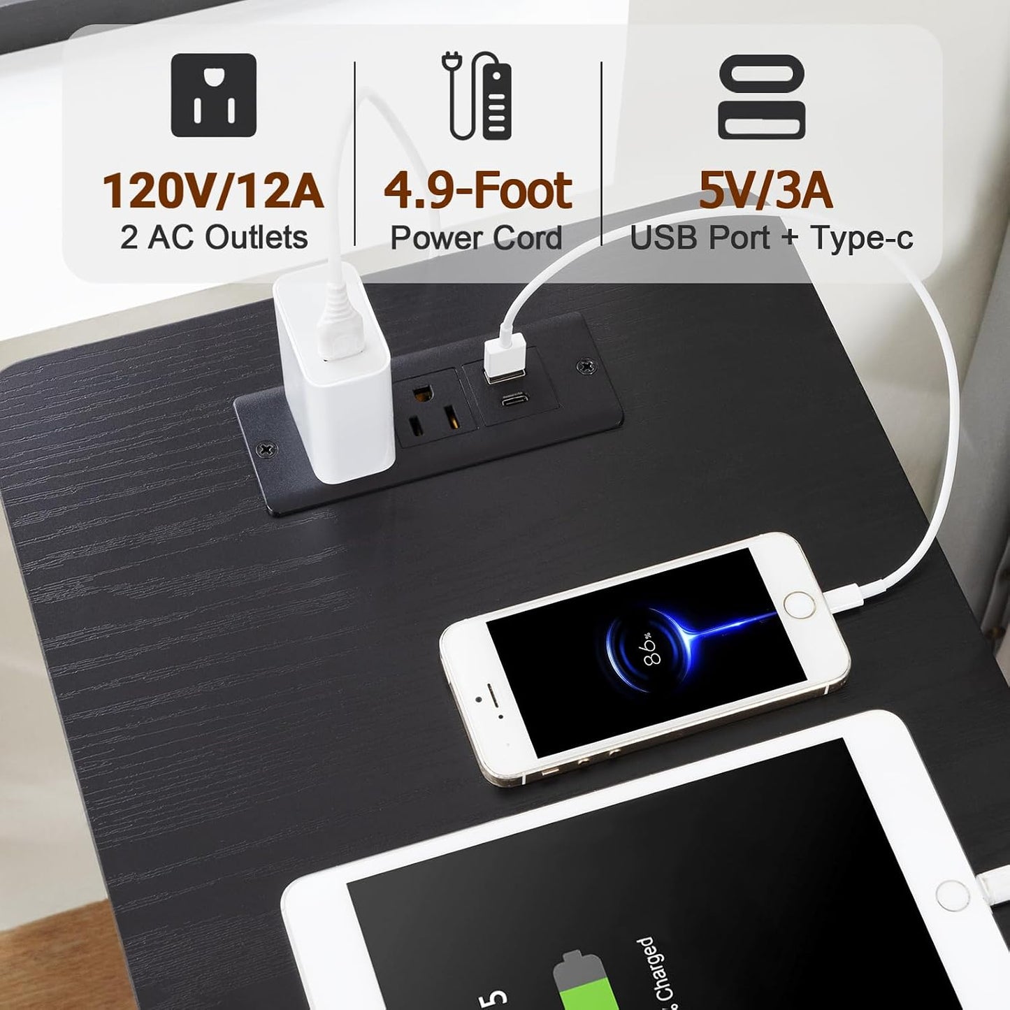 Slim Nightstand with Charging Station – 3-Drawer Bedside Table for Small Spaces