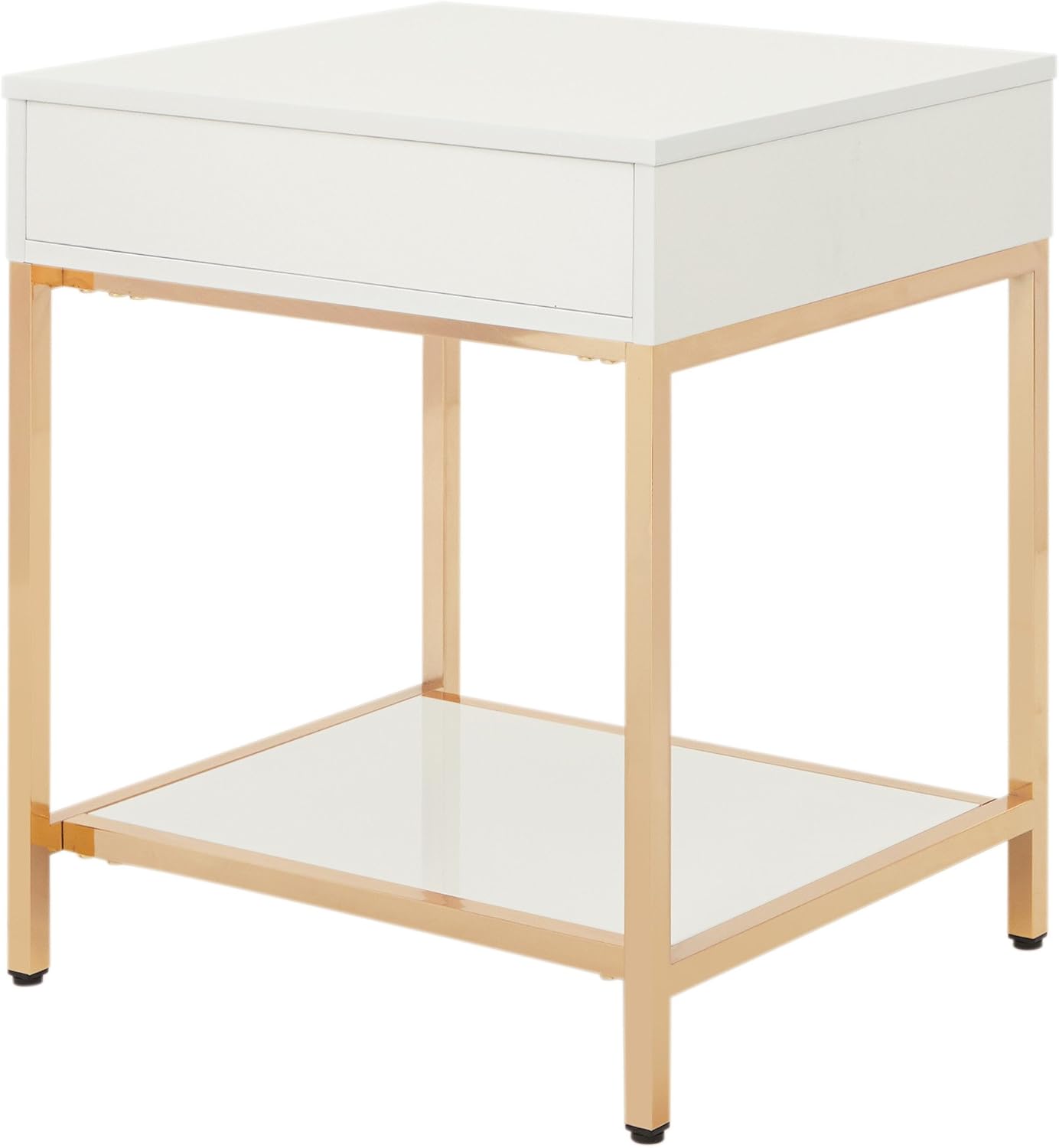 Modern White End Table – Glossy Accent Side Table with Gold-Tone Legs & Storage