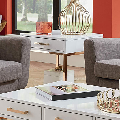 Modern White End Table – Glossy Accent Side Table with Gold-Tone Legs & Storage