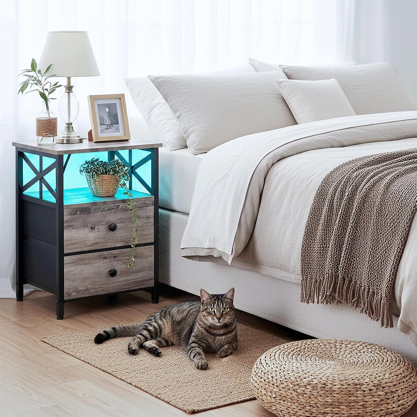 Modern Nightstands Set of 2 with LED Lights – Charging Bedside Tables with 2 Drawers
