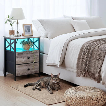 Modern Nightstands Set of 2 with LED Lights – Charging Bedside Tables with 2 Drawers
