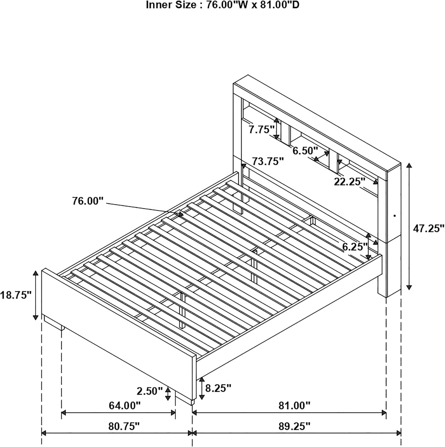 Modern King Platform Bed – LED Bookcase Headboard with 3 Storage Shelves