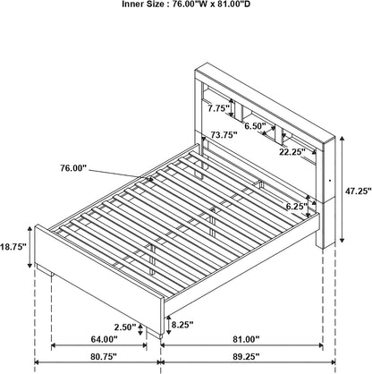 Modern King Platform Bed – LED Bookcase Headboard with 3 Storage Shelves