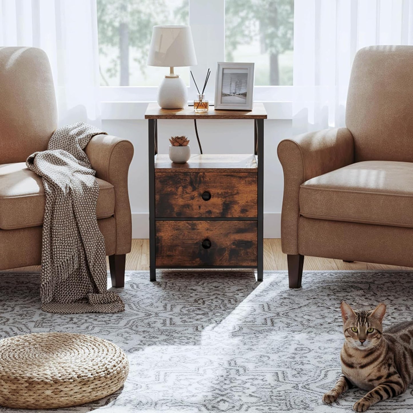 Nightstands Set of 2 with Charging Station – Bedside Tables with Storage Drawers