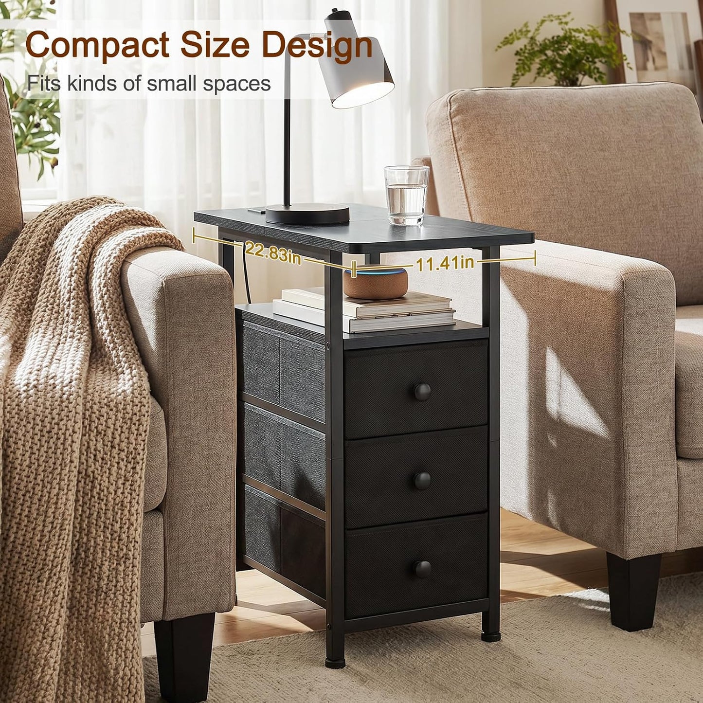 Slim Nightstand with Charging Station – 3-Drawer Bedside Table for Small Spaces