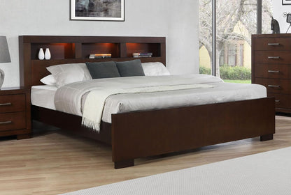 Modern King Platform Bed – LED Bookcase Headboard with 3 Storage Shelves