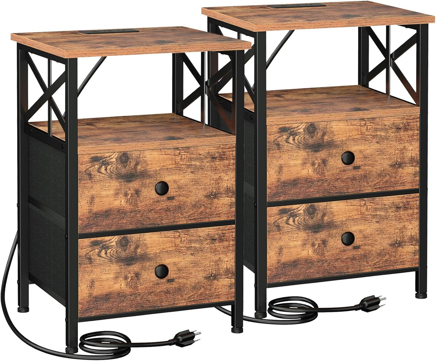 Nightstands Set of 2 with Charging Station – Bedside Tables with Storage Drawers