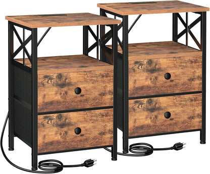 Nightstands Set of 2 with Charging Station – Bedside Tables with Storage Drawers