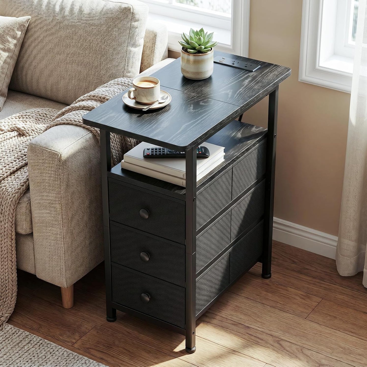Slim Nightstand with Charging Station – 3-Drawer Bedside Table for Small Spaces