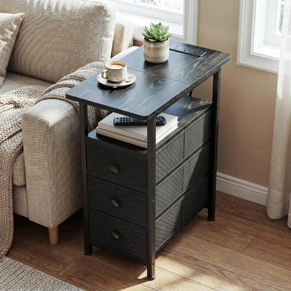 Slim Nightstand with Charging Station – 3-Drawer Bedside Table for Small Spaces