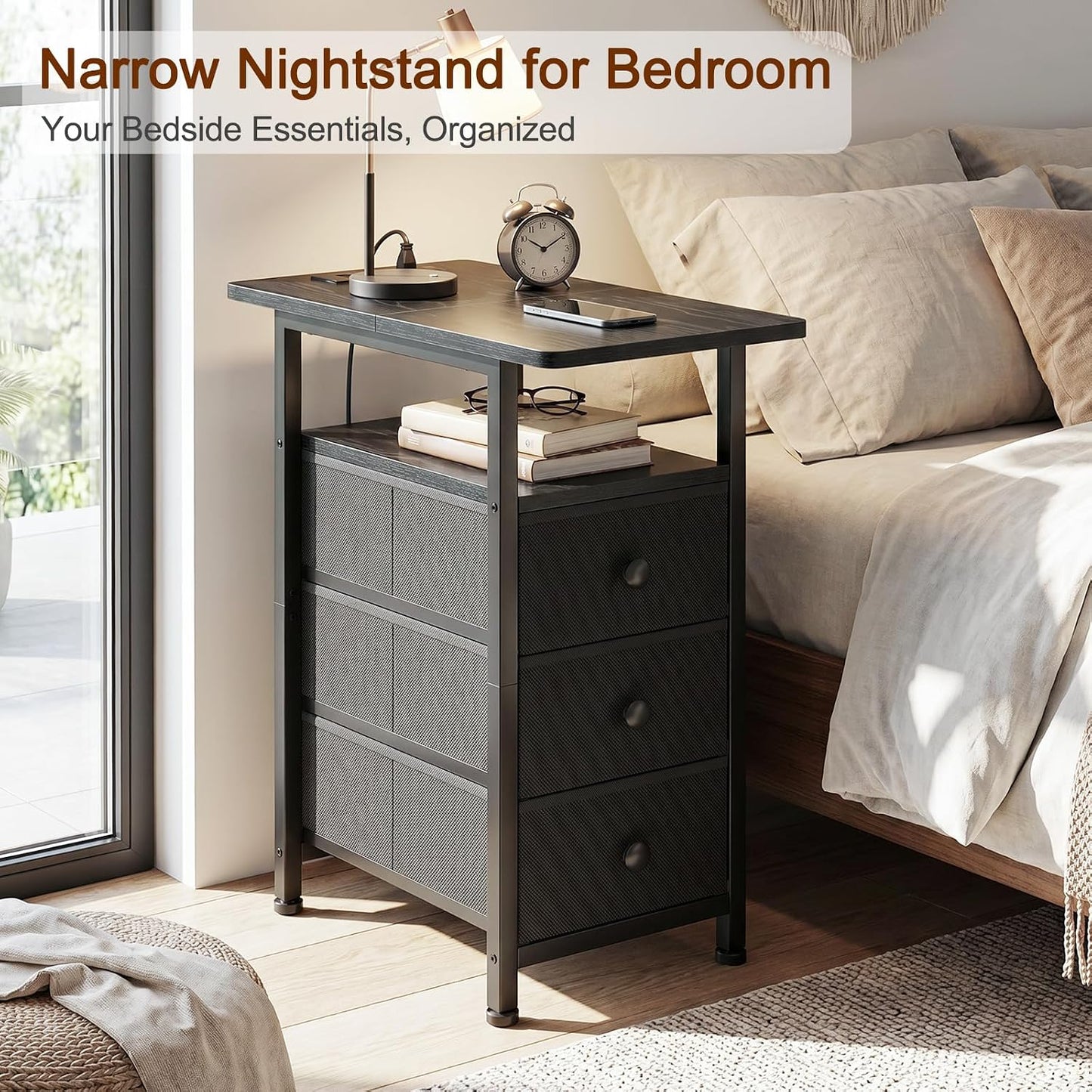 Slim Nightstand with Charging Station – 3-Drawer Bedside Table for Small Spaces