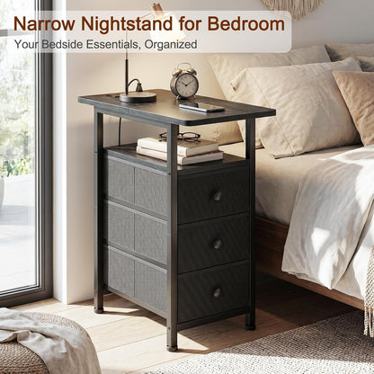 Slim Nightstand with Charging Station – 3-Drawer Bedside Table for Small Spaces