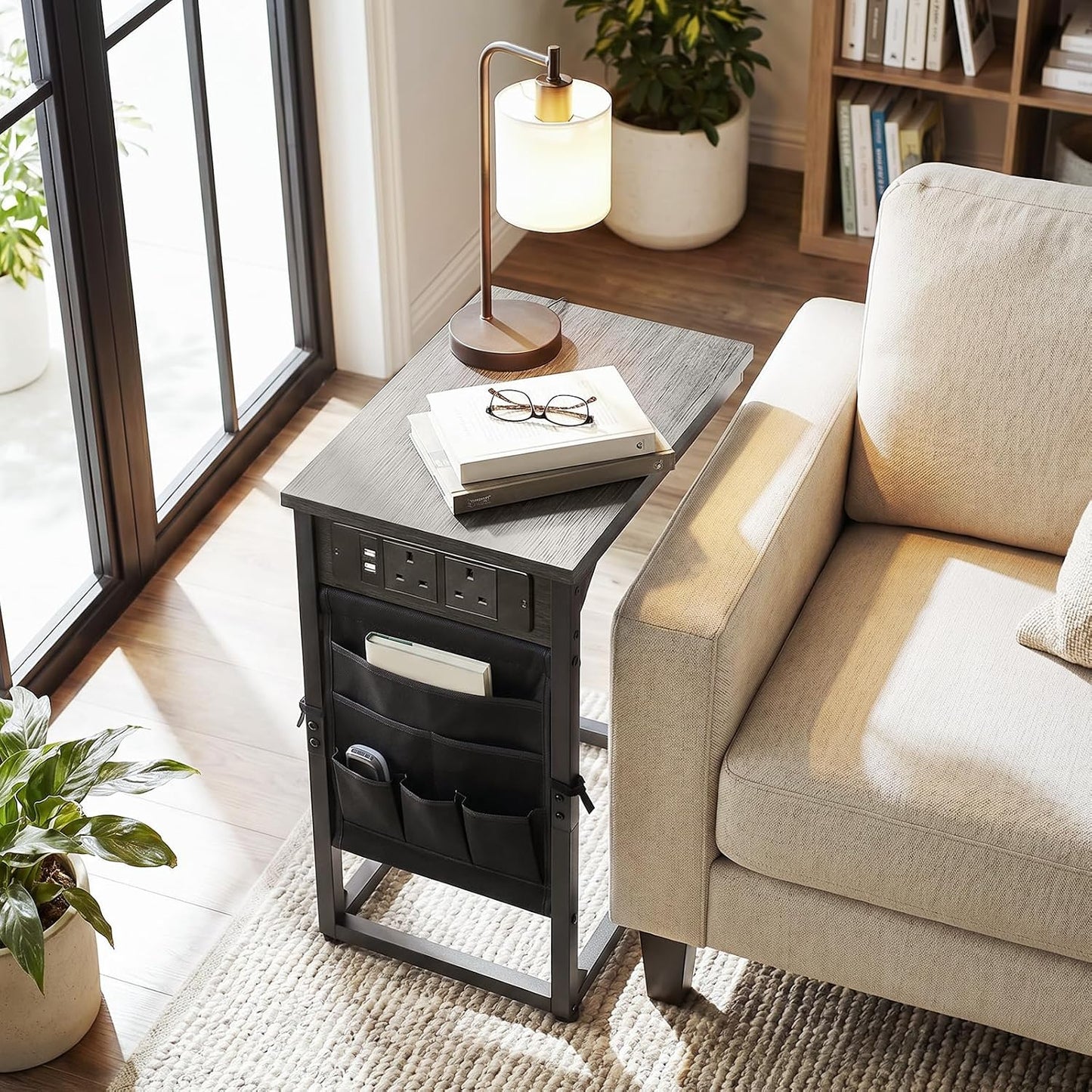 C-Shaped Side Tables Set of 2 – Charging Station Couch Tables with Storage