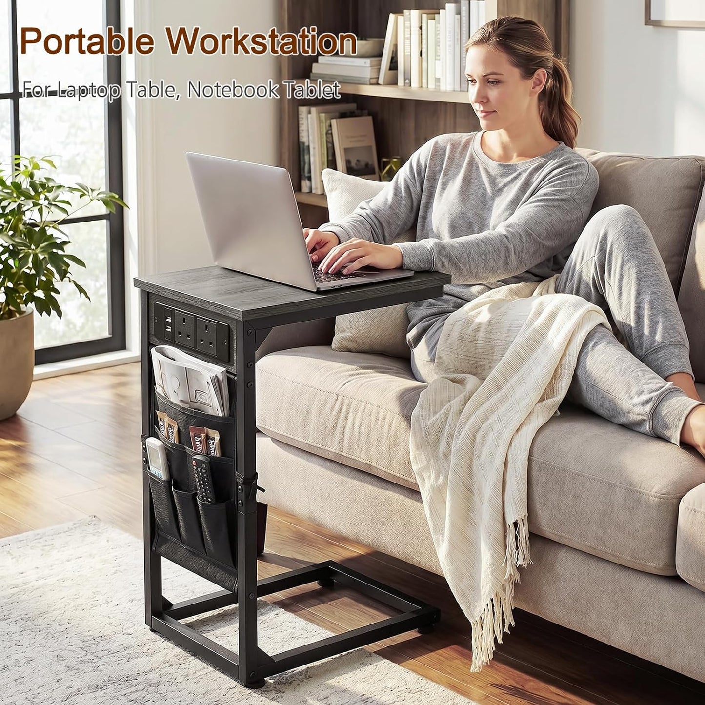 C-Shaped Side Tables Set of 2 – Charging Station Couch Tables with Storage