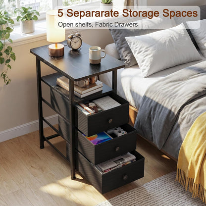 Slim Nightstand with Charging Station – 3-Drawer Bedside Table for Small Spaces