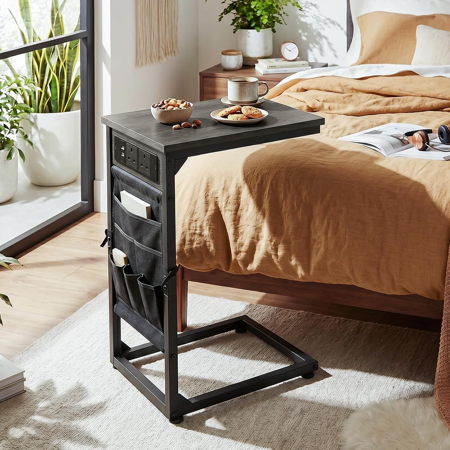 C-Shaped Side Tables Set of 2 – Charging Station Couch Tables with Storage