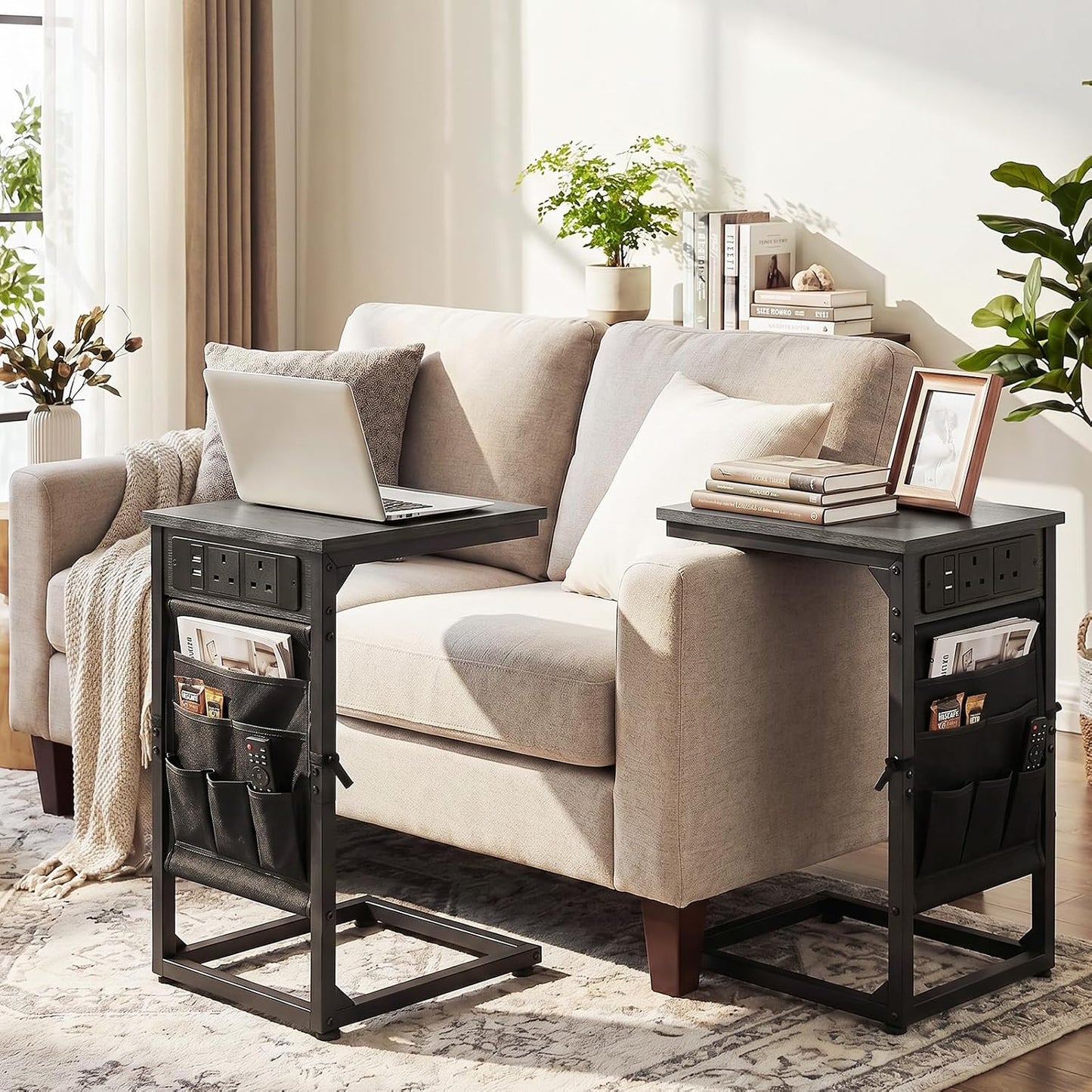 C-Shaped Side Tables Set of 2 – Charging Station Couch Tables with Storage