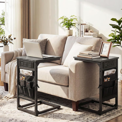 C-Shaped Side Tables Set of 2 – Charging Station Couch Tables with Storage